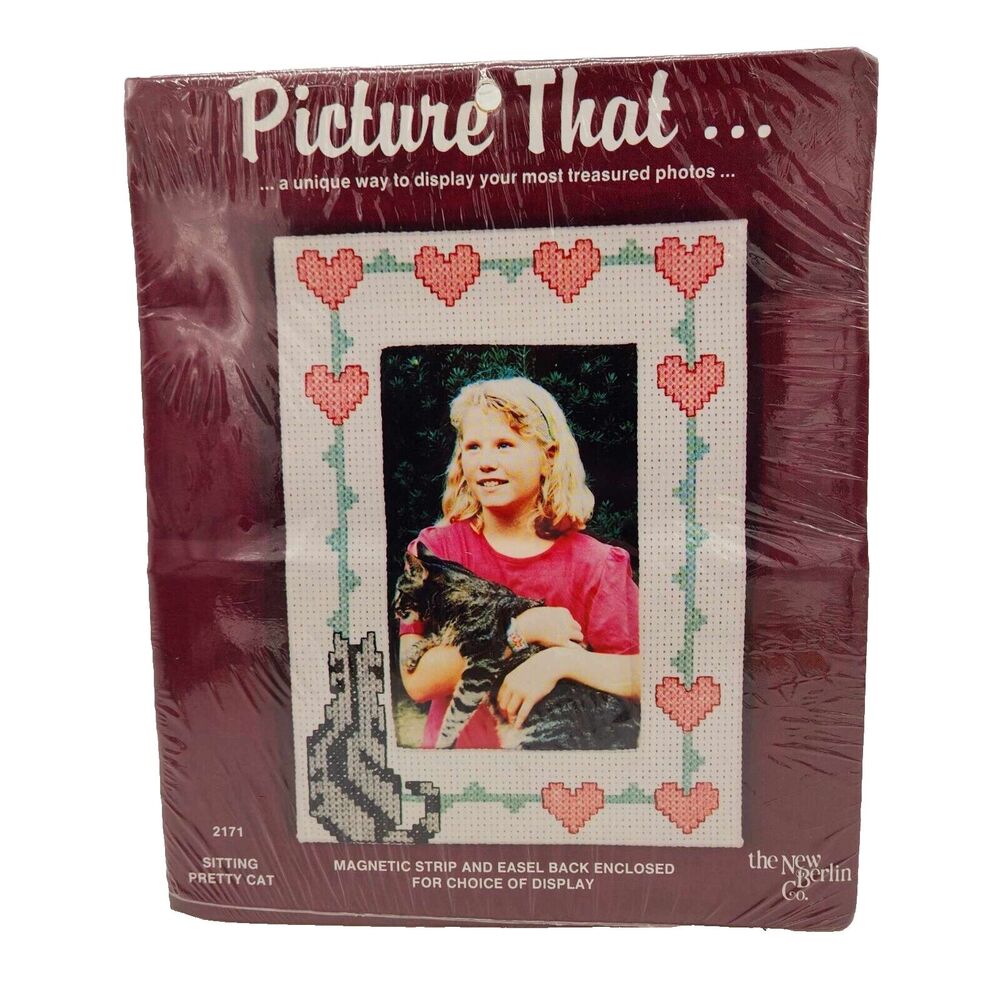 Sitting Pretty Cat Picture Frame Cross Stitch Kit #2171 Heart Kitty New Berlin